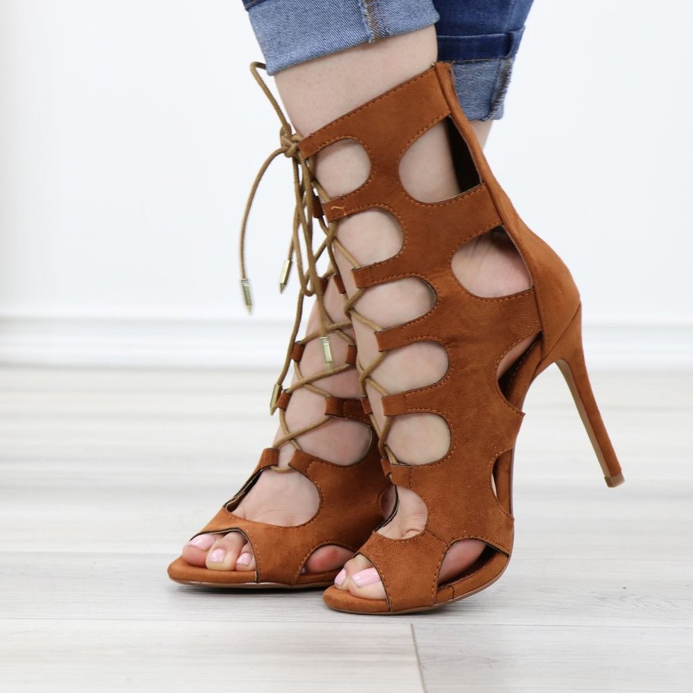 Suede Tan Gladiator Stiletto Needle High Heel Open Toe Bootie - Picture 6 of 11